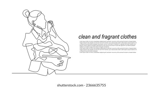 continuous line of clean and fragrant clothes.single line of woman smelling clothes.isolated white background