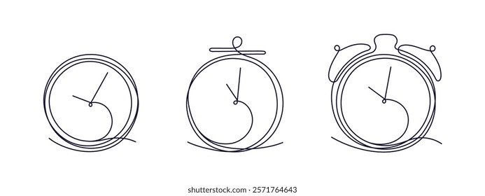 Continuous line of clock. Vector time keeper set. Creating a reminder. Chronometer outline sketch. Time to work isolated on transparent background. Save your time. Editable stroke. Minimal design