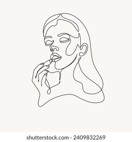 Línea continua, acerque el retrato de una chica atractiva que se cuela los labios. Dibujo de Beauty set. Mujer con lápiz labial Plano continuo de una línea. Plantilla de estilo con rostro y lápiz labial abstracto femenino. 