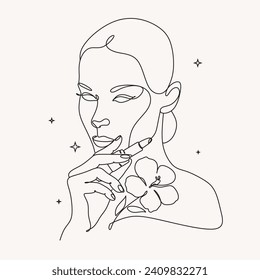 Continuous line, Close up portrait of attractive girl rouging her lips. Drawing of set Beauty. Woman with Lipstick Continuous One Line Drawing. Style Template with Abstract Female Face and Lipstick. 