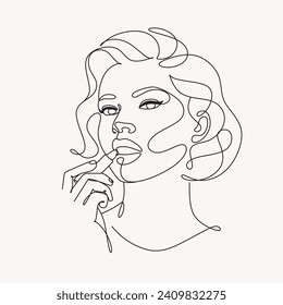 Continuous line, Close up portrait of attractive girl rouging her lips. Drawing of set Beauty. Woman with Lipstick Continuous One Line Drawing. Style Template with Abstract Female Face and Lipstick. 