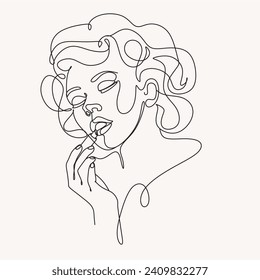 Continuous line, Close up portrait of attractive girl rouging her lips. Drawing of set Beauty. Woman with Lipstick Continuous One Line Drawing. Style Template with Abstract Female Face and Lipstick. 