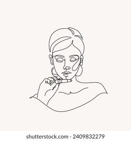 Continuous line, Close up portrait of attractive girl rouging her lips. Drawing of set Beauty. Woman with Lipstick Continuous One Line Drawing. Style Template with Abstract Female Face and Lipstick. 