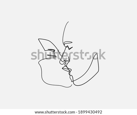 Continuous line, Close-up of young romantic couple is kissing. Drawing of set Love. (Vector illustration one line drawing)