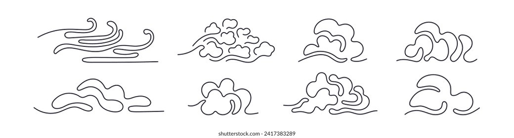 Continuous line clouds in the sky. Abstract set in simple linear design. Vector illustraton. Cloudy weather, metcast