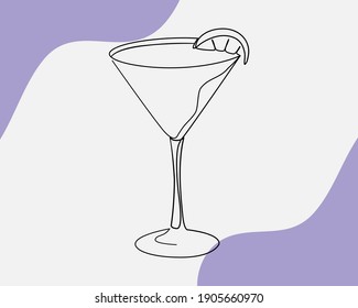 Continuous line, Cocktails in wine glasses. Drawing of set Beverage. (Vector illustration one line drawing)