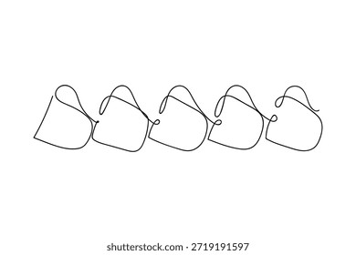 Una línea continua de tazas de café colgando en una fila. Ilustración gráfica de Vector de diseño de línea única.