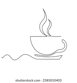 continuous line of coffee cup.simple one line drawing of coffee cup with smoke shadow .minimalist line for coffee business concept.isolated white background
