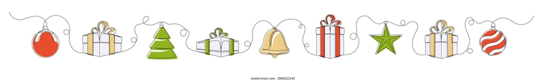 Continuous line of colored Christmas elements of balls, tree, bell, stars and gift boxes. Concept theme Merry Christmas and Happy New Year. Vector illustration