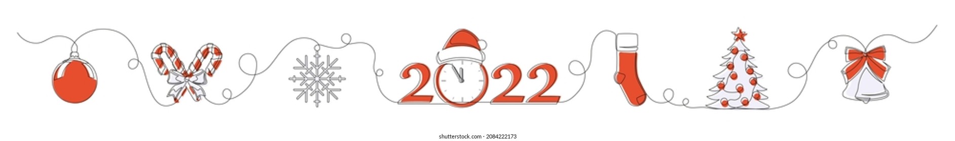 Continuous line of colored Christmas elements ball, candy, snowflake, santa hat, tree and bell. Concept theme Merry Christmas and Happy New Year. Vector illustration