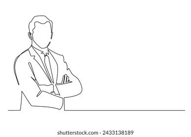 continuous line of company boss.one line drawing of male company leader.character of male company boss folding hands in line drawing