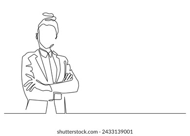 continuous line of company boss .one line drawing of female company leader.character of female company boss who folds hands in line drawing