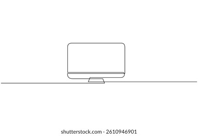 Continuous line of computer monitor working desk illustration, One continuous line illustration of a computer monitor, isolated on white background.