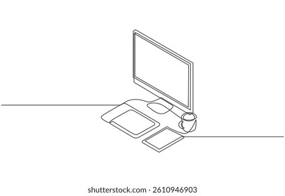 Continuous line of computer monitor working desk illustration, One continuous line illustration of a computer monitor, isolated on white background.