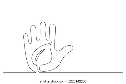 continuous line concept sketch drawing of human hand protecting green plant
