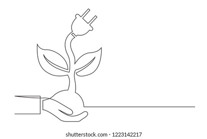 continuous line concept sketch drawing of hand holding renewal green energy source symbol