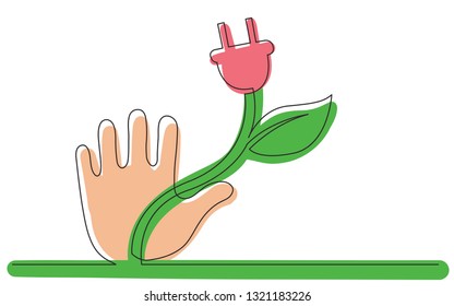 continuous line concept sketch drawing of human hand with electrical renewal energy plug plant