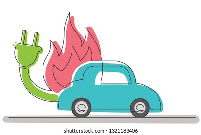 continuous line concept sketch drawing of electric car in fire symbol