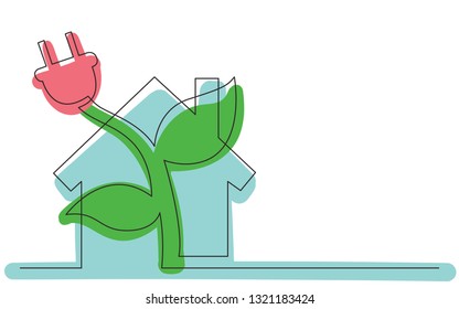 continuous line concept sketch drawing of electical renewal energy plug house plant