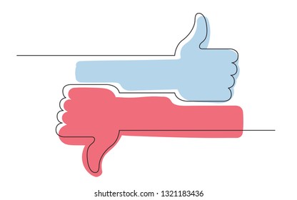 continuous line concept sketch drawing of social media like and dislike symbols