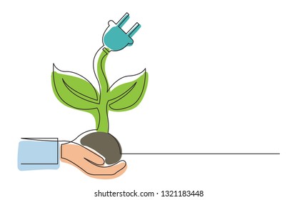 continuous line concept sketch drawing of hand holding renewal green energy source symbol