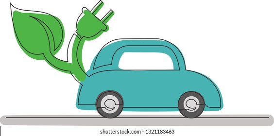 continuous line concept sketch drawing of green energy electric car symbol