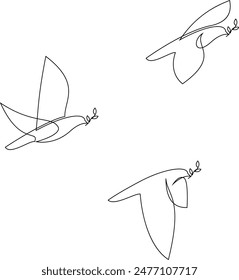 Continuous line concept sketch drawing of dove birds with olive branches. Vector illustration set.