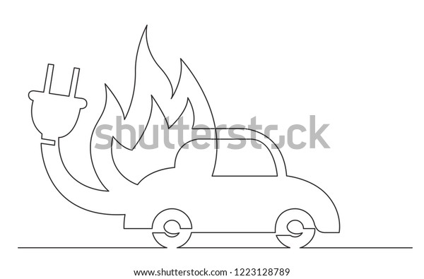 continuous line concept sketch drawing of electric\
car in fire symbol