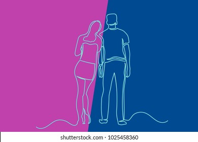 continuous line. Concept of a young couple. The guy and the girl stand with their backs. A simple postcard. Neon tubes on a blue and pink background.