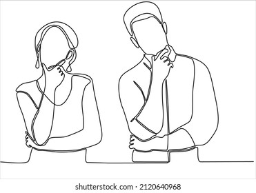 
continuous line Confused woman and man thinking vector illustration together.