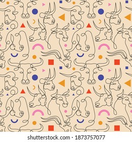 Continuous Line Contour Drawn Bulls Pattern. Chinese New Year Zodiac Sign 2021 Ox. Taurus Zodiac Seamless Background For Prints, Textiles, Fabric And Gift Wrapping Paper.