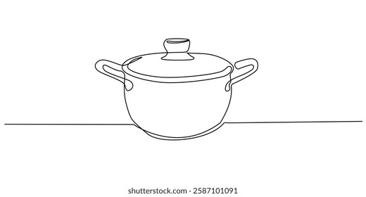 continuous line of cooking pot.one line drawing of cooking utensils pan.single line vector illustration.isolated white background