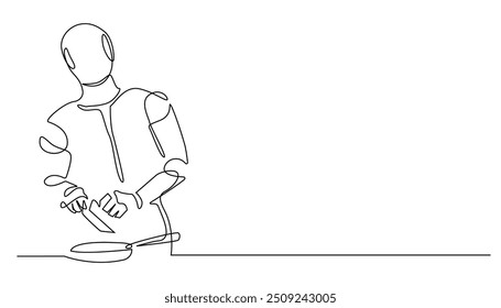 continuous line of cooking robot.one line drawing of robot doing human activities.cooking in the kitchen.single line vector illustration.isolated white background