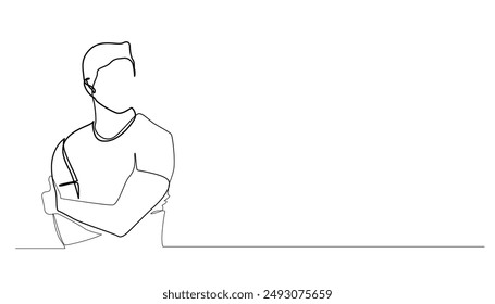 continuous line of cool man standing and folding hands.one line drawing of stylish young man folding both hands.single line vector illustration.isolated white background