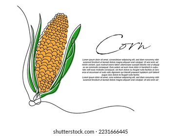 continuous line of corn. one line art drawing of peeled corn, health organic food. corn doodle isolated white background