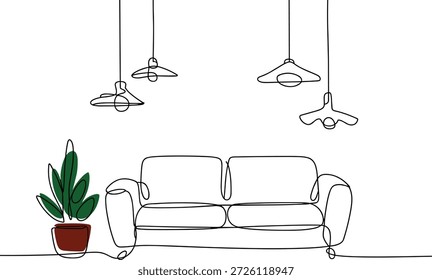 Línea continua de un sofá con lámparas colgantes y un sofá de planta en maceta.