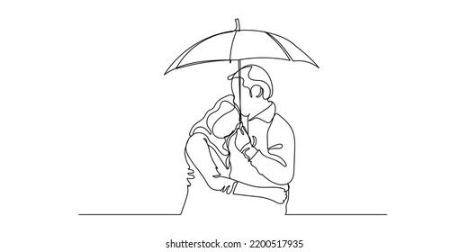 continuous line of couple wearing umbrellas. line drawing of man and woman wearing umbrella in the rain