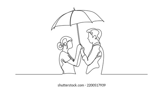 continuous line of couple wearing umbrellas. line drawing of man and woman wearing umbrella in the rain