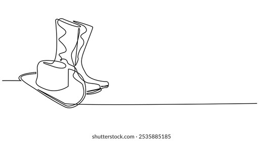 continuous line cowboy hat and boots.one line drawing of cowboy boots and hat.cowboy equipment accessories.single line vector illustration.isolated white background