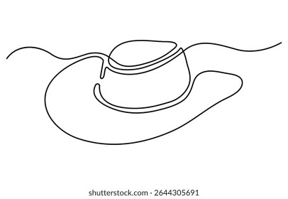 continuous line cowboy hat and boots, One continuous single drawing line art flat doodle boot, shoe, cowboy, leather, western, fashion, cossack, foot, ranch. Isolated image hand draw contour.
