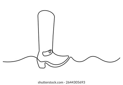 continuous line cowboy hat and boots, One continuous single drawing line art flat doodle boot, shoe, cowboy, leather, western, fashion, cossack, foot, ranch. Isolated image hand draw contour.
