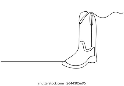 continuous line cowboy hat and boots, One continuous single drawing line art flat doodle boot, shoe, cowboy, leather, western, fashion, cossack, foot, ranch. Isolated image hand draw contour.