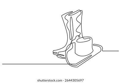 continuous line cowboy hat and boots, One continuous single drawing line art flat doodle boot, shoe, cowboy, leather, western, fashion, cossack, foot, ranch. Isolated image hand draw contour.