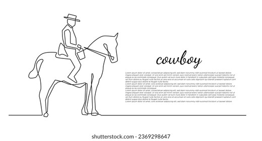 continuous line of cowboy men riding horses. one line drawing of a cowboy on horseback isolated on a white background