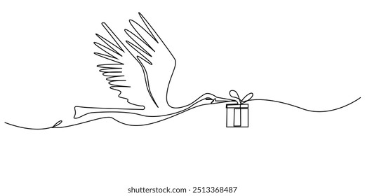 Línea continua de grúas volando con regalos. Un dibujo de línea de grúas volando llevando regalos. Ilustración vectorial de una sola línea. fondo blanco aislado