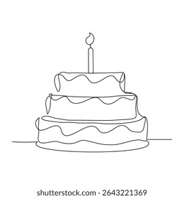 Continuous line of creamy sweet birthday cake with candle and topping. Traditional birthday bakery dessert for party. Editable stroke sketch drawing vector illustration
