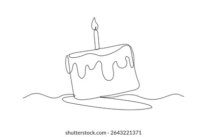 Continuous line of creamy sweet birthday cake with candle and topping. Traditional birthday bakery dessert for party. Editable stroke sketch drawing vector illustration
