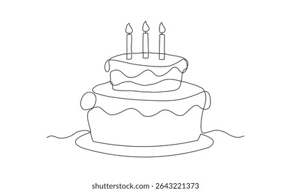 Continuous line of creamy sweet birthday cake with candle and topping. Traditional birthday bakery dessert for party. Editable stroke sketch drawing vector illustration