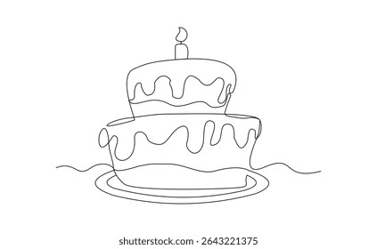 Continuous line of creamy sweet birthday cake with candle and topping. Traditional birthday bakery dessert for party. Editable stroke sketch drawing vector illustration