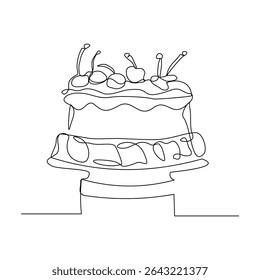 Continuous line of creamy sweet birthday cake with candle and topping. Traditional birthday bakery dessert for party. Editable stroke sketch drawing vector illustration